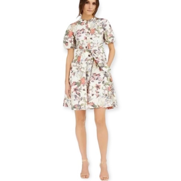 INC Macy’s NWT Petite Medium Floral Cotton Dress Cream Color Belted - Picture 1 of 11